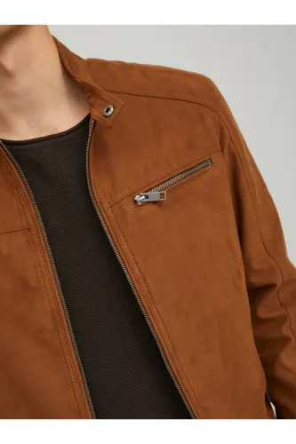 JJEROCKY JACKET NOOS Dik Yaka Belden Kemerli Suni Deri Slim Fit Biker Ceket - Kahverengi Süet - 5