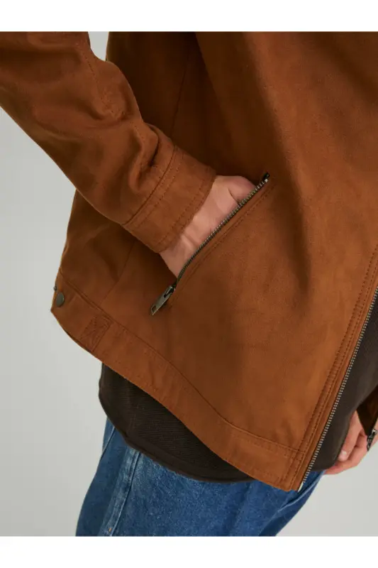 JJEROCKY JACKET NOOS Dik Yaka Belden Kemerli Suni Deri Slim Fit Biker Ceket - Kahverengi Süet - 6
