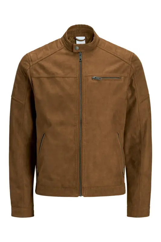 JJEROCKY JACKET NOOS Dik Yaka Belden Kemerli Suni Deri Slim Fit Biker Ceket - Kahverengi Süet - 7