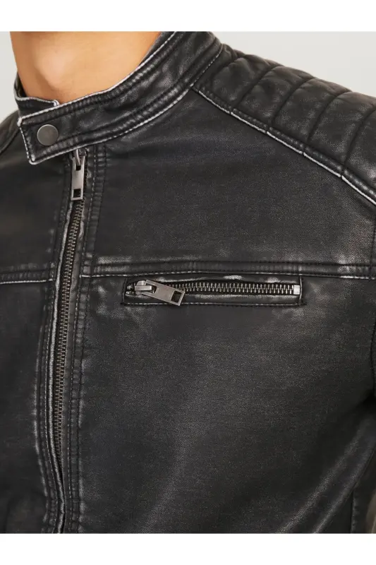 Jjerocky Jacket Noos Siyah Erkek Deri Ceket 12273226 SİYAH Eskitme-Siyah8521 - JACK & JONES