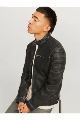 Jjerocky Jacket Noos Siyah Erkek Deri Ceket 12273226 SİYAH Eskitme - Siyah8521 - JACK & JONES (1)