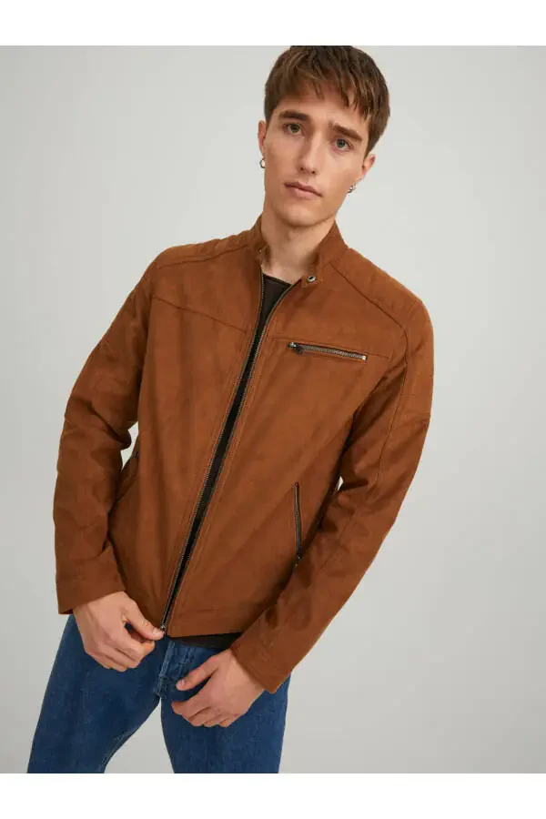 JJEROCKY Leather Jacket, stand collar, belted, slim fit biker style. - 2