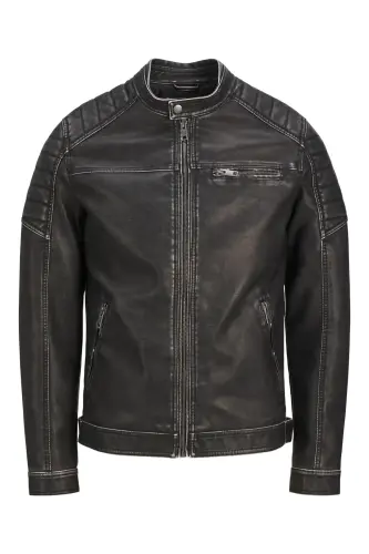 Jjewarner Jacket Noos Siyah Erkek Deri Ceket Eskitme Taşlanmış-Siyah55 - 1