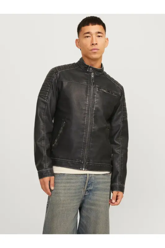 Jjewarner Jacket Noos Siyah Erkek Deri Ceket Eskitme Taşlanmış-Siyah55 - 2