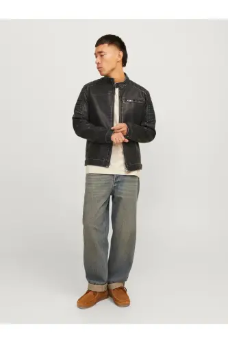 Jjewarner Jacket Noos Siyah Erkek Deri Ceket Eskitme Taşlanmış-Siyah55 - 4
