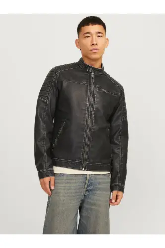 Jjewarner Jacket Noos Siyah Erkek Deri Ceket Eskitme Taşlanmış - Siyah55 - JACK & JONES (1)