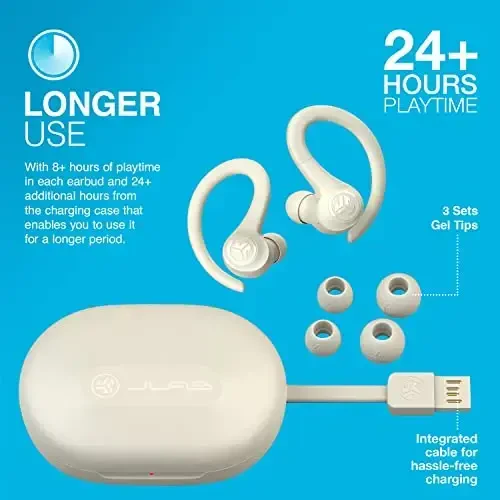 JLab Go Air Sport, C3 Clear Calling, Secure Earhook Sport Design, 32+ Hour Bluetooth Playtime va 3 EQ Sound Settings (Sand) bilan simsiz mashg'ulot eshitish vositasi - 5