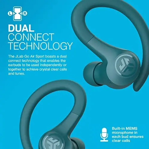 JLab Go Air Sport, Simsiz mashg'ulot quloqchinlari, Teal, C3 Clear Calling, Sport uchun quloq ilgagi dizayni, 32+ soat Bluetooth orqali musiqa tinglash va 3 EQ ovoz sozlamalari - 3