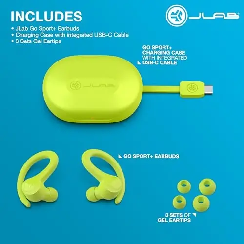 JLab Go Sport+ C3 Clear Calling, xavfsiz quloqchinli sport dizayni, 35+ soat Bluetooth orqali musiqa tinglash va 3 EQ sozlamasiga ega simsiz sport quloqchinlari (sariq) - 4