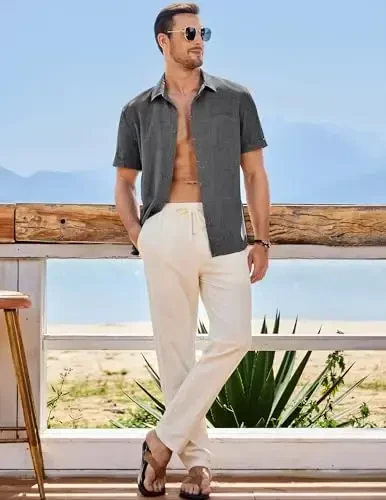 JMIERR erkaklar uchun kundalik zamonaviy qisqa yengli tugmachali полосатые ko'ylaklar paxta пляж ko'ylagi - 5