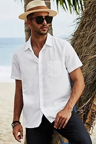 JMIERR Men's Casual Stylish Short Sleeve Button-Up Striped Dress Shirts Cotton Beach Shirt - 5