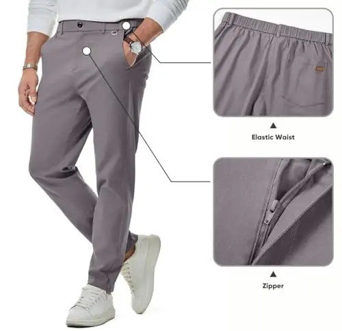 JMIERR Men's Chino Pants Casual Stretch Waist Tapered Trousers with Pockets - 2