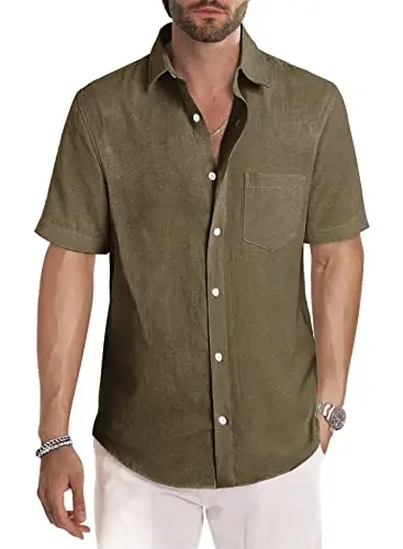 JMIERR Men's Casual Stylish Short Sleeve Button-Up Striped Dress Shirts Cotton Beach Shirt - 1