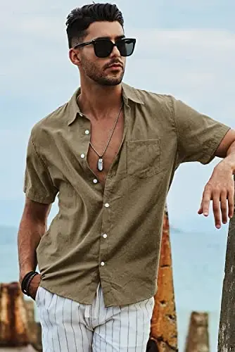 JMIERR Men's Casual Stylish Short Sleeve Button-Up Striped Dress Shirts Cotton Beach Shirt - 4