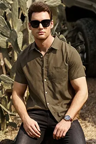 JMIERR Men's Casual Stylish Short Sleeve Button-Up Striped Dress Shirts Cotton Beach Shirt - 6