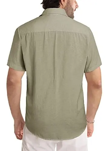 JMIERR Men‘s Linen Shirts Short Sleeve Summer Button Down Casual Beach Hawaiian Shirt with Pocket - 3