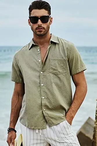 JMIERR Men's Casual Stylish Short Sleeve Button-Up Striped Dress Shirts Cotton Beach Shirt - 4