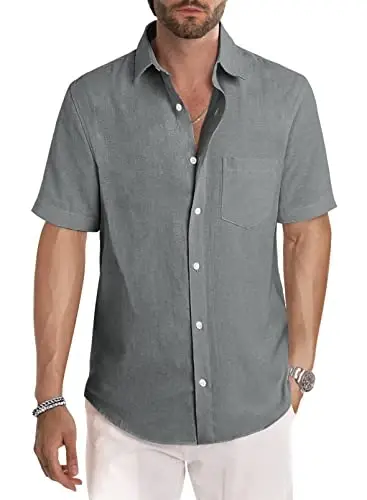 JMIERR Men's Casual Stylish Short Sleeve Button-Up Striped Dress Shirts Cotton Beach Shirt - 1