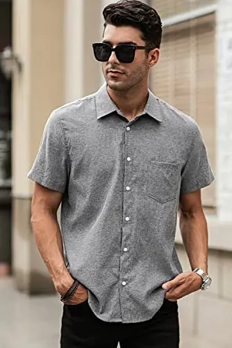JMIERR Men's Casual Stylish Short Sleeve Button-Up Striped Dress Shirts Cotton Beach Shirt - 4
