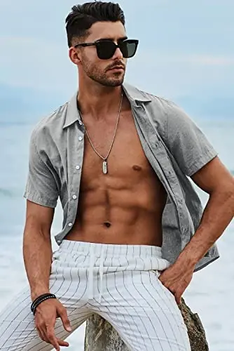 JMIERR Men's Casual Stylish Short Sleeve Button-Up Striped Dress Shirts Cotton Beach Shirt - 6