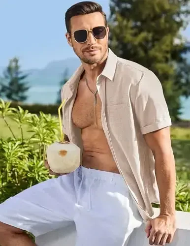 JMIERR Men's Casual Stylish Short Sleeve Button-Up Striped Dress Shirts Cotton Beach Shirt - 3