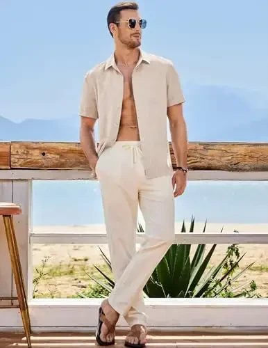 JMIERR Men's Casual Stylish Short Sleeve Button-Up Striped Dress Shirts Cotton Beach Shirt - 5