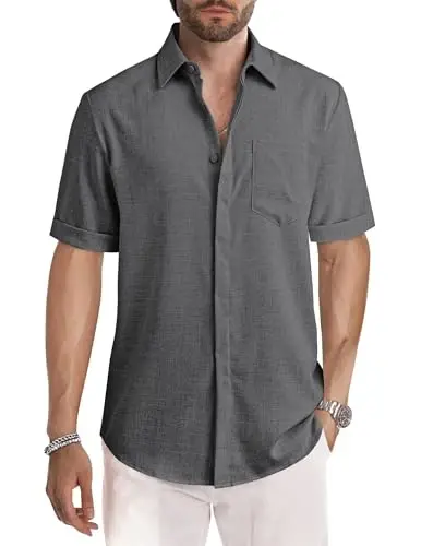 JMIERR Men's Casual Stylish Short Sleeve Button-Up Striped Dress Shirts Cotton Beach Shirt - 1