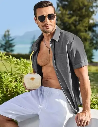 JMIERR Men's Casual Stylish Short Sleeve Button-Up Striped Dress Shirts Cotton Beach Shirt - 3