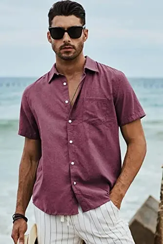 JMIERR Men's Casual Stylish Short Sleeve Button-Up Striped Dress Shirts Cotton Beach Shirt - 5