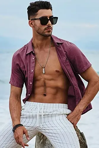 JMIERR Men's Casual Stylish Short Sleeve Button-Up Striped Dress Shirts Cotton Beach Shirt - 7