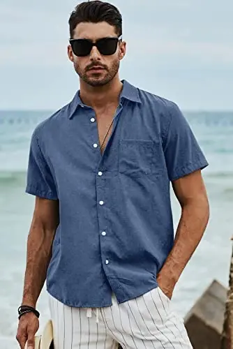 JMIERR Men's Casual Stylish Short Sleeve Button-Up Striped Dress Shirts Cotton Beach Shirt - 6