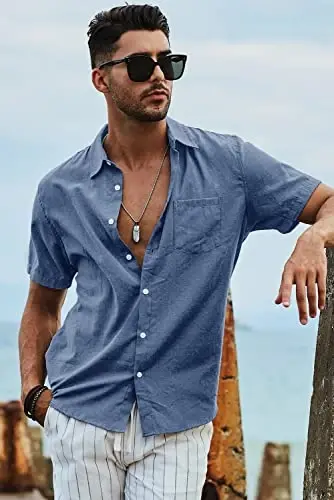 JMIERR Men's Casual Stylish Short Sleeve Button-Up Striped Dress Shirts Cotton Beach Shirt - 7