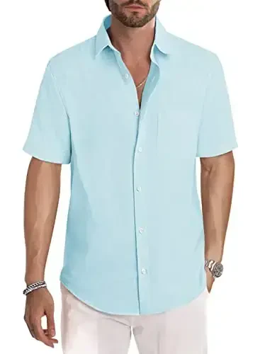 JMIERR Men's Casual Stylish Short Sleeve Button-Up Striped Dress Shirts Cotton Beach Shirt - 1