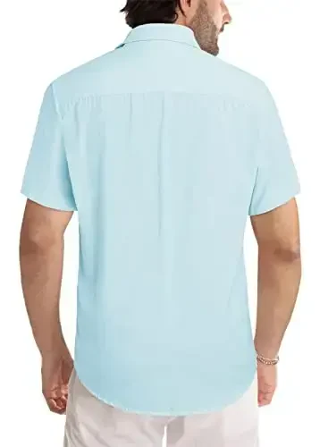 JMIERR Men's Casual Stylish Short Sleeve Button-Up Striped Dress Shirts Cotton Beach Shirt - 3