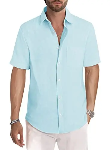 JMIERR Men's Casual Stylish Short Sleeve Button-Up Striped Dress Shirts Cotton Beach Shirt - 1