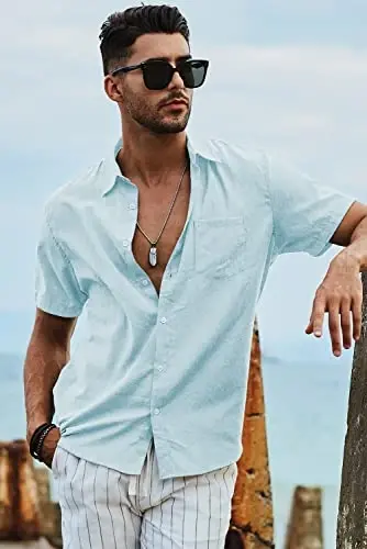 JMIERR Men's Casual Stylish Short Sleeve Button-Up Striped Dress Shirts Cotton Beach Shirt - 6