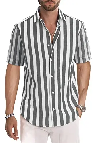 JMIERR Men's Casual Stylish Short Sleeve Button-Up Striped Dress Shirts Cotton Beach Shirt 