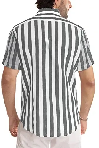 JMIERR Men's Casual Stylish Short Sleeve Button-Up Striped Dress Shirts Cotton Beach Shirt - 2