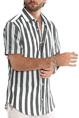 JMIERR Men's Casual Stylish Short Sleeve Button-Up Striped Dress Shirts Cotton Beach Shirt - 3