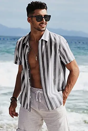 JMIERR Men's Casual Stylish Short Sleeve Button-Up Striped Dress Shirts Cotton Beach Shirt - 4