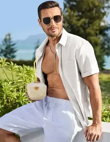 JMIERR Men's Casual Stylish Short Sleeve Button-Up Striped Dress Shirts Cotton Beach Shirt - 3