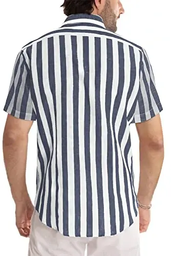 JMIERR Men's Casual Stylish Short Sleeve Button-Up Striped Dress Shirts Cotton Beach Shirt - 3