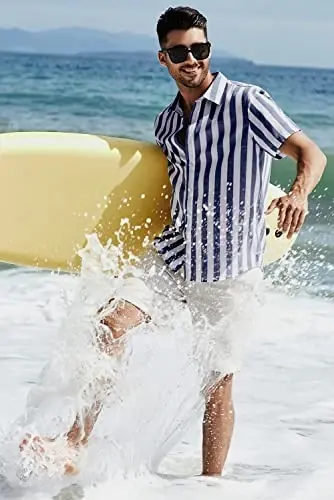 JMIERR Men's Casual Stylish Short Sleeve Button-Up Striped Dress Shirts Cotton Beach Shirt - 5