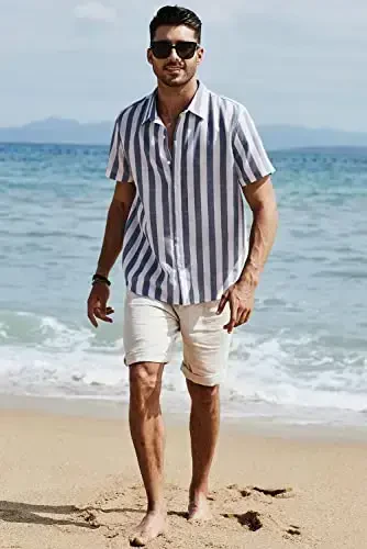 JMIERR Men's Casual Stylish Short Sleeve Button-Up Striped Dress Shirts Cotton Beach Shirt - 4