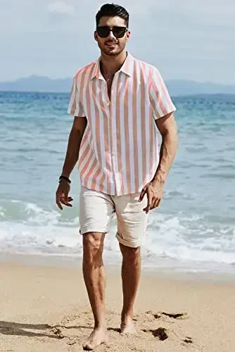 JMIERR Men's Casual Stylish Short Sleeve Button-Up Striped Dress Shirts Cotton Beach Shirt - 4