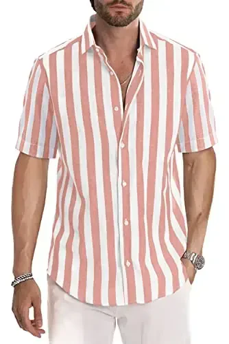 JMIERR Men's Casual Stylish Short Sleeve Button-Up Striped Dress Shirts Cotton Beach Shirt 