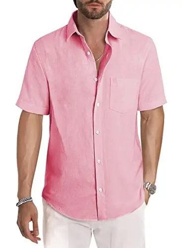 JMIERR Men's Casual Stylish Short Sleeve Button-Up Striped Dress Shirts Cotton Beach Shirt - 1