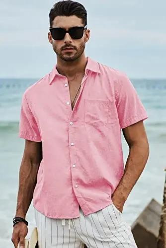 JMIERR Men's Casual Stylish Short Sleeve Button-Up Striped Dress Shirts Cotton Beach Shirt - 4