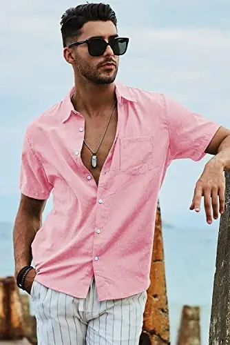 JMIERR Men's Casual Stylish Short Sleeve Button-Up Striped Dress Shirts Cotton Beach Shirt - 5