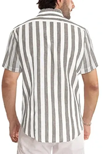 JMIERR Men's Casual Stylish Short Sleeve Button-Up Striped Dress Shirts Cotton Beach Shirt - 2